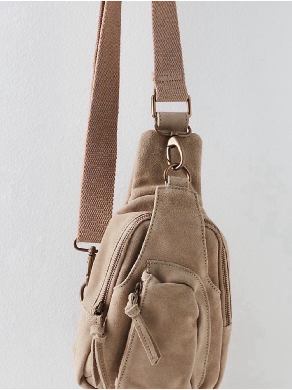 Free People Hudson Taupe Beige Suede Crossbody Sling Bag New